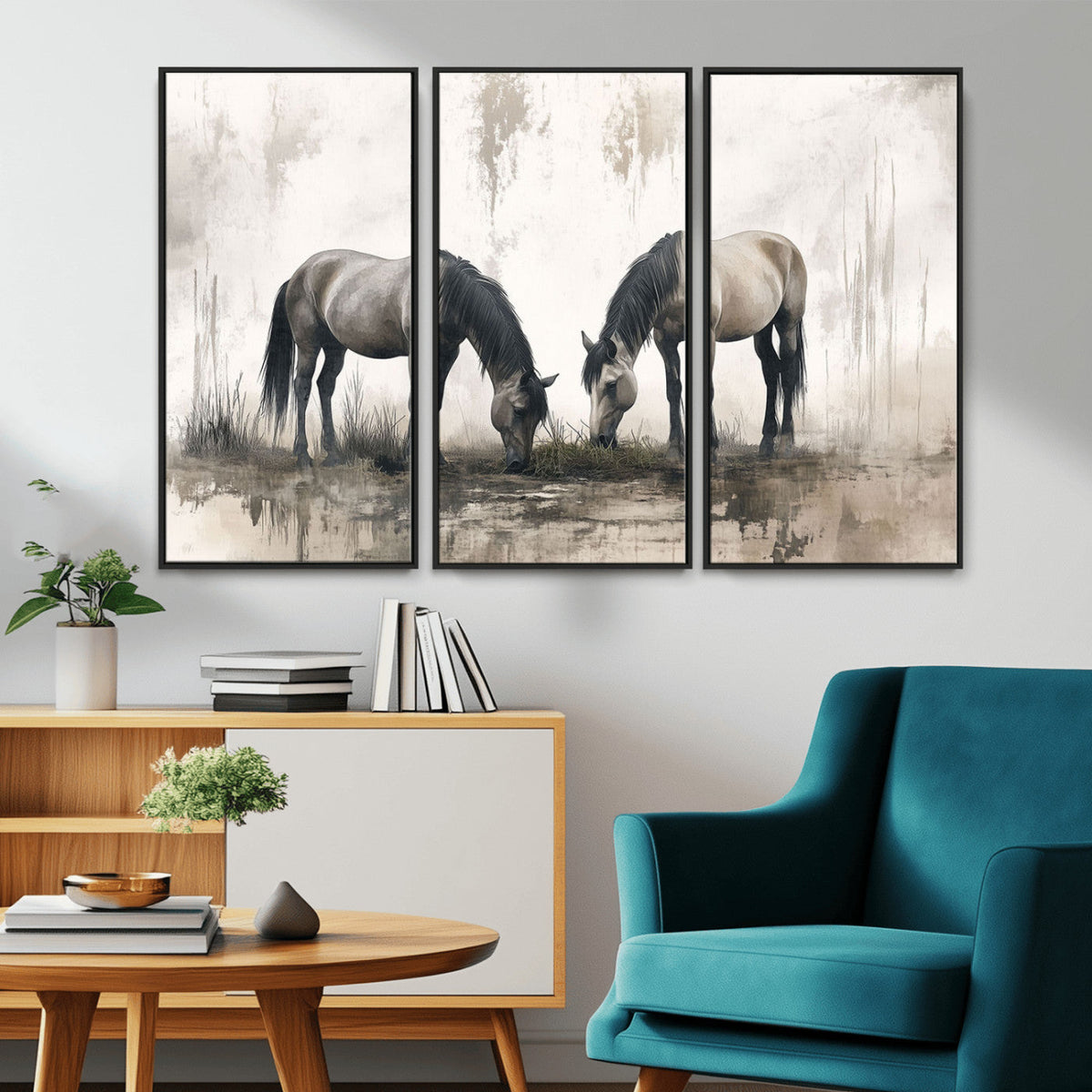 Chinese Ink Style Vintage Horses Wall Art Canvas Print