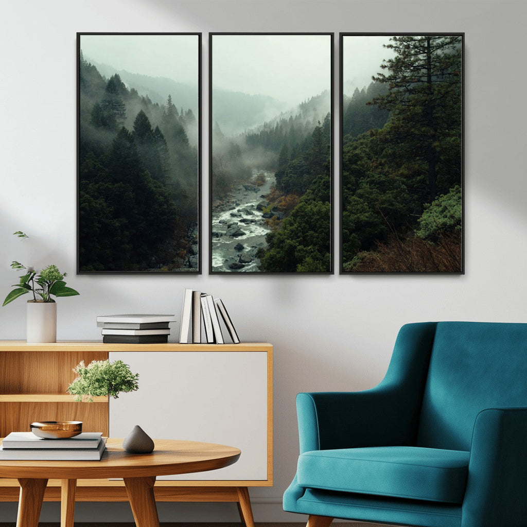 Misty Forest Wall Art, Tranquil Nature Landscape, Ready to Hang | Extra Large 3 Piece Canvas Wall Art