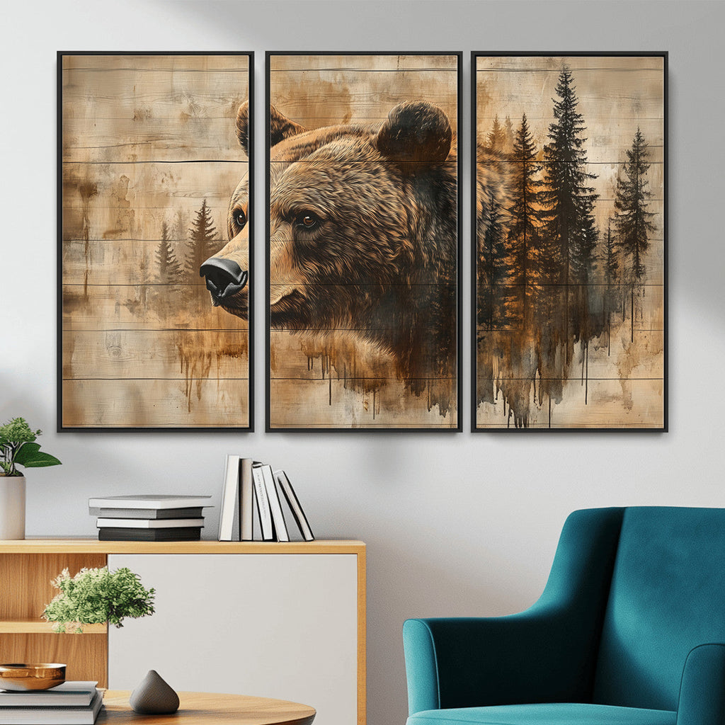 Rustic Grizzly Bear Wall Art, Abstract Grizzly 399 Bear Canvas Print, Woodland Wildlife