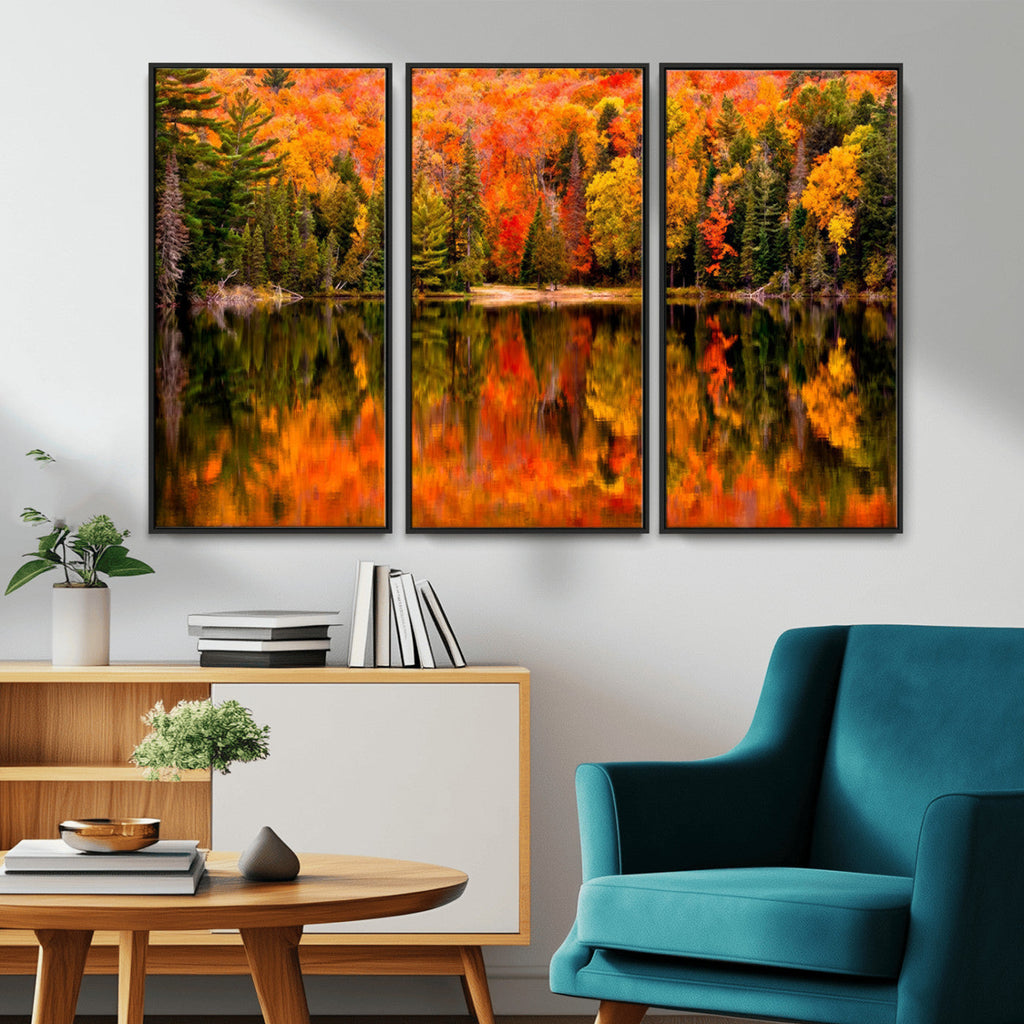 Forest Reflection Art | Autumn Forest Reflection Wall Art | Triptych Canvas Print