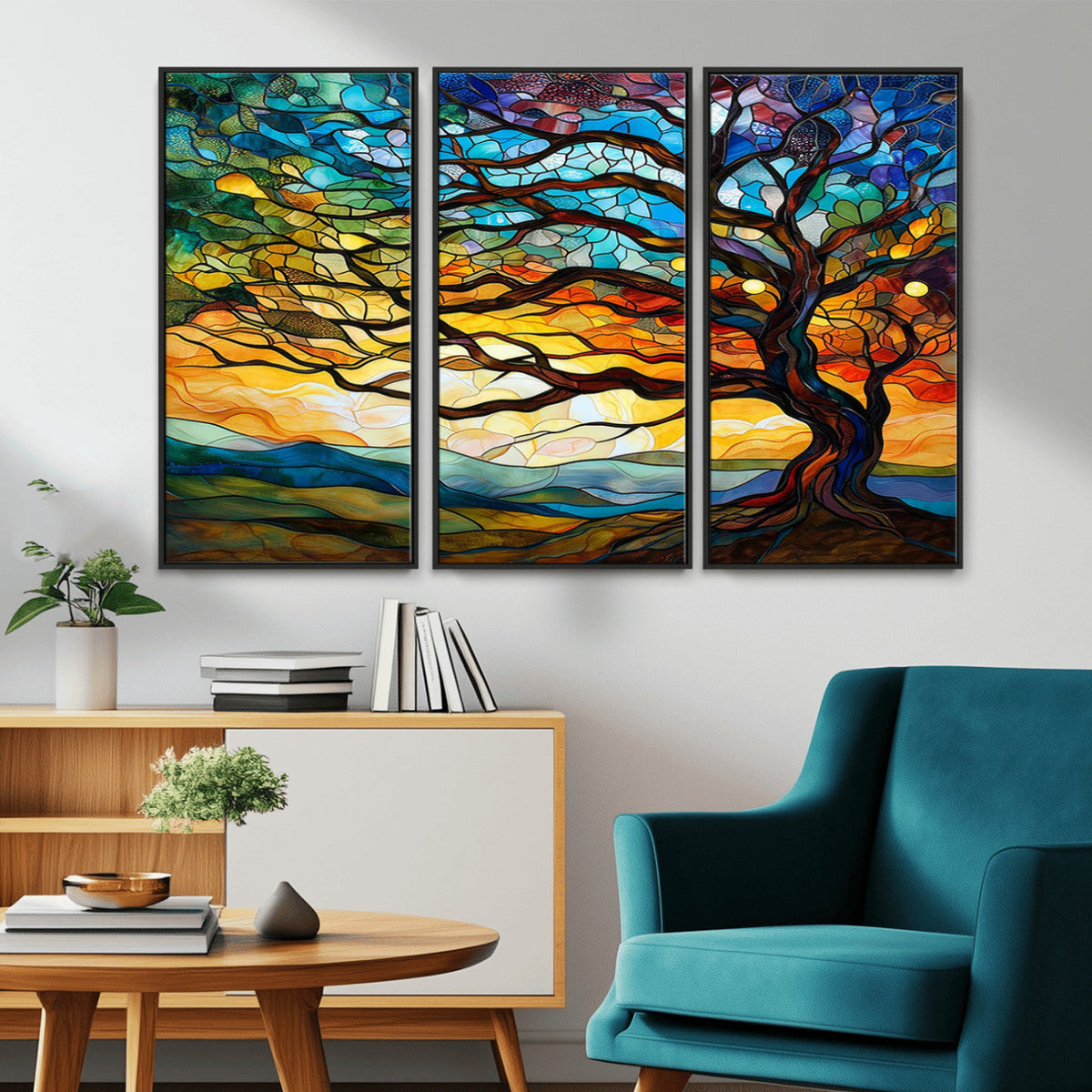 Vibrant Mosaic Tree of Life Wall Art, Stained Glass Style Canvas Print