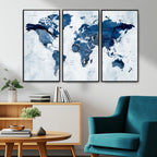 Modern Blue World Map Canvas Print | Elegant Travel Map Wall Art for Home Office