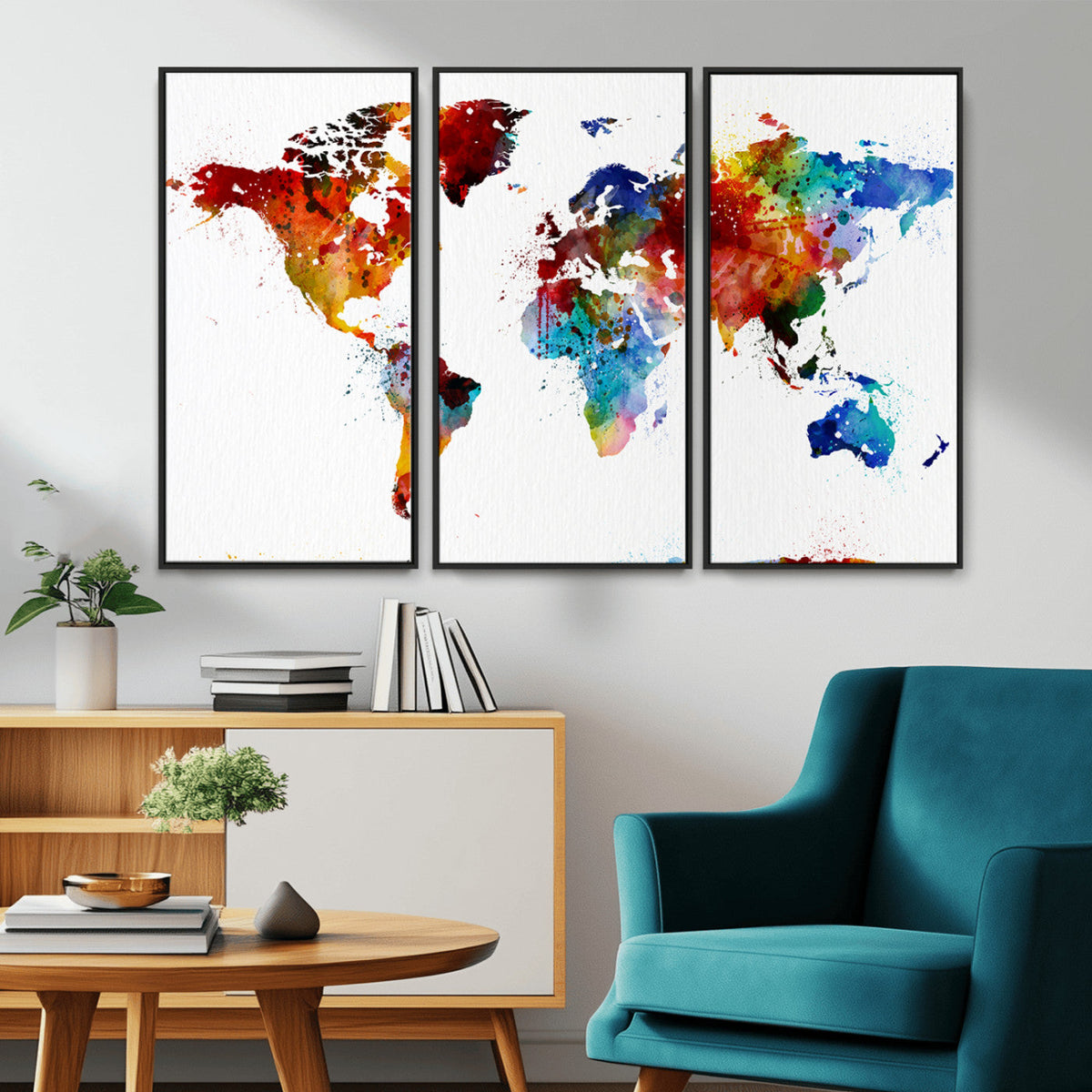 Colorful World Map Canvas Wall Art Print, Contemporary Global Map Artwork
