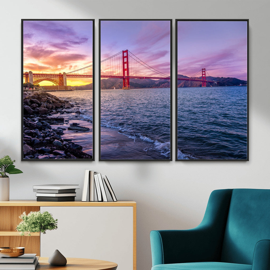 Golden Gate Bridge Wall Art Canvas Print, Framed San Francisco Sunset Landmark