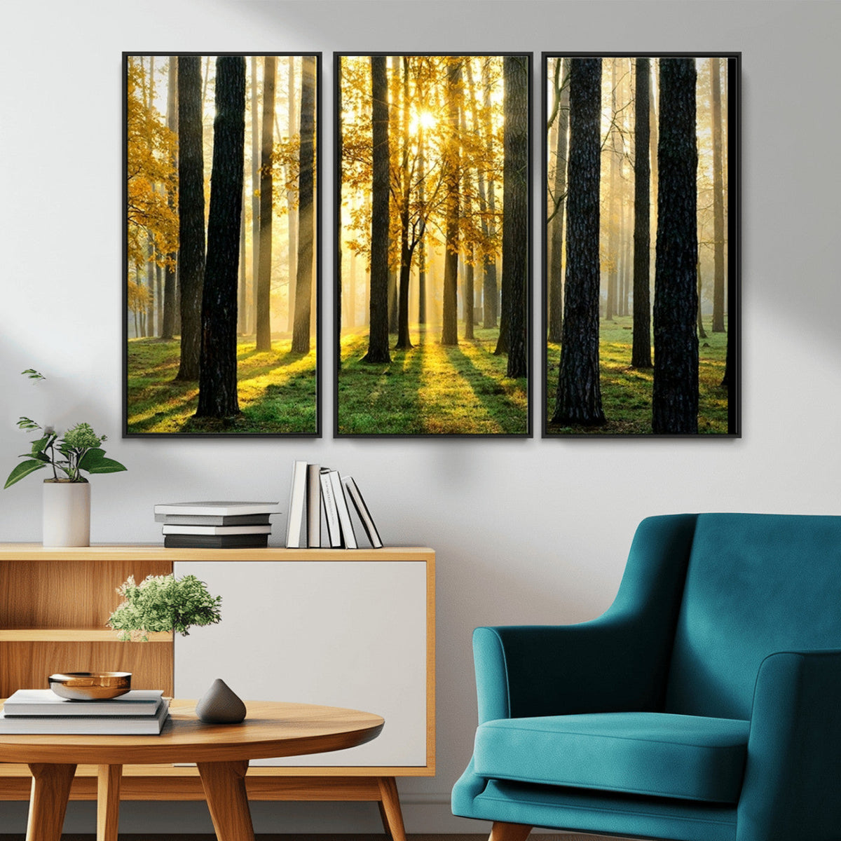 Sunlit Forest Wall Art Canvas Print, Large Framed Woodland Scene with Golden Light