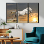 Large Wall Art Canvas Print, White Jumping Horse at Sunset