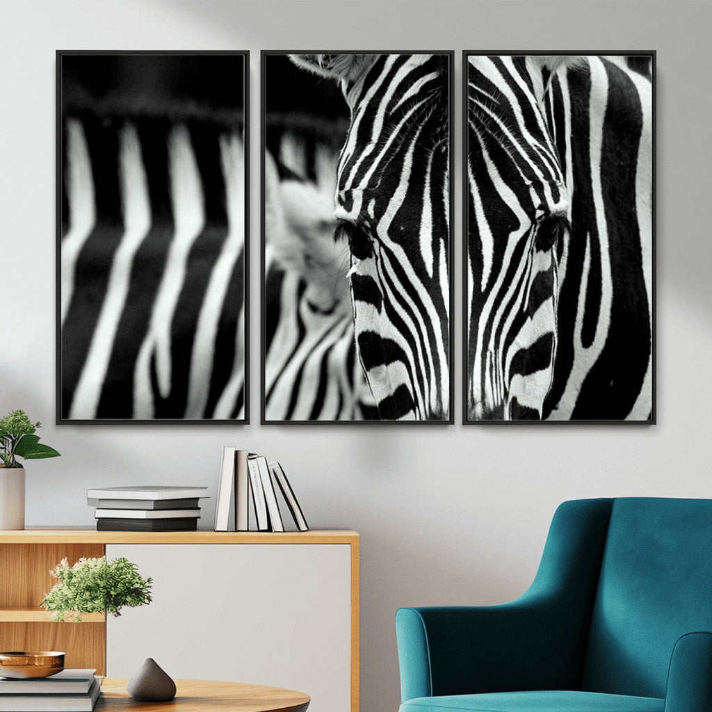 Zebra Wall Art | Zebra Close Up Canvas Print | Framed Black and White Wildlife