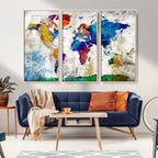 Navy Blue and Orange Watercolor World Map Canvas Print | Framed Travel Map