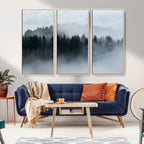 Autumn and Misty Trees in the Forest Wall Art Canvas Print, Foggy Forest Mountain Wall Art