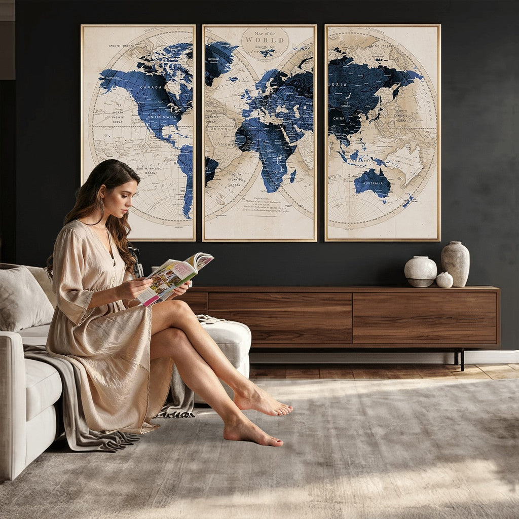Vintage Blue World Map Canvas Wall Art | Antique Style Framed Map Print