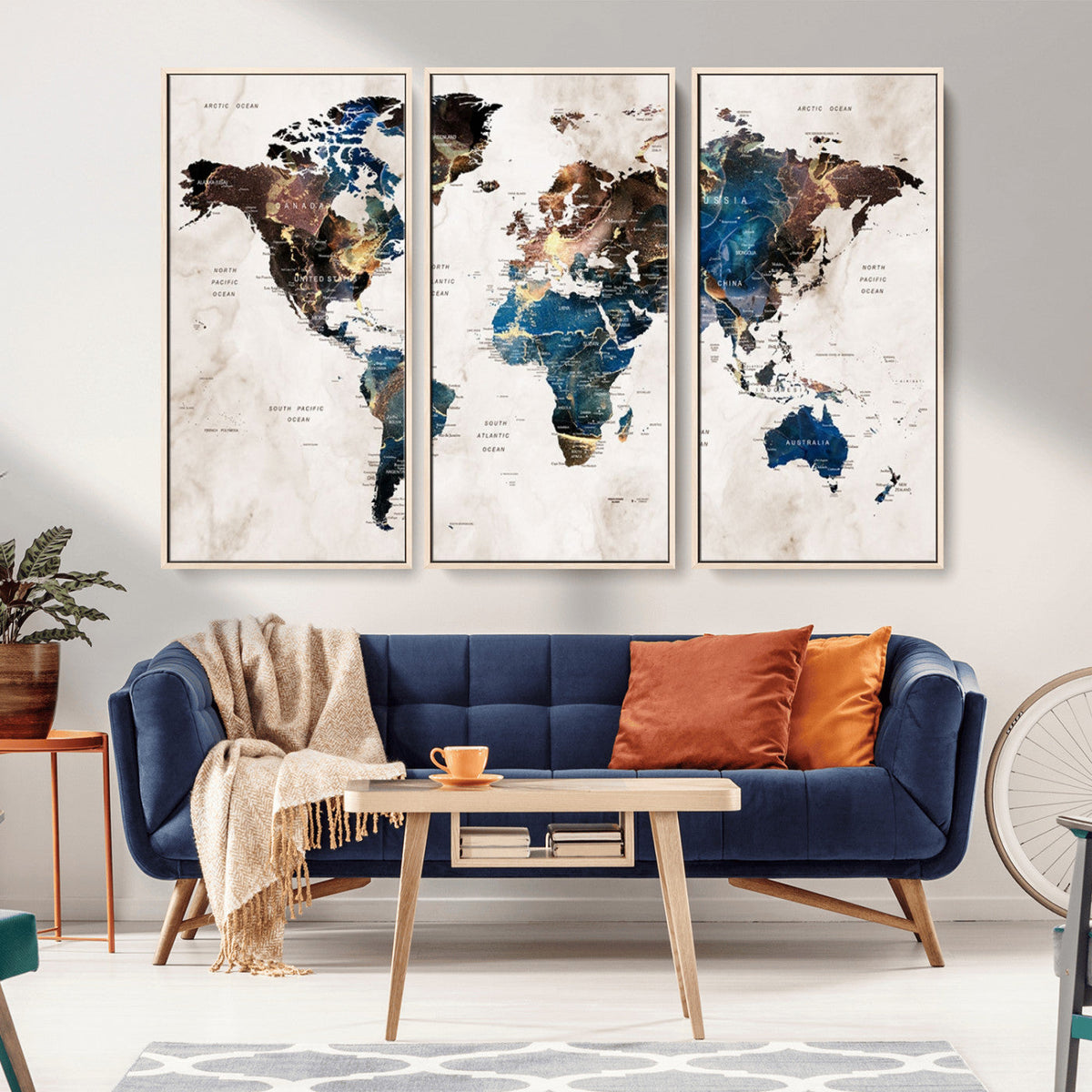 Abstract Earth Tone Blue World Map Canvas Print | Framed Travel Map Wall Art