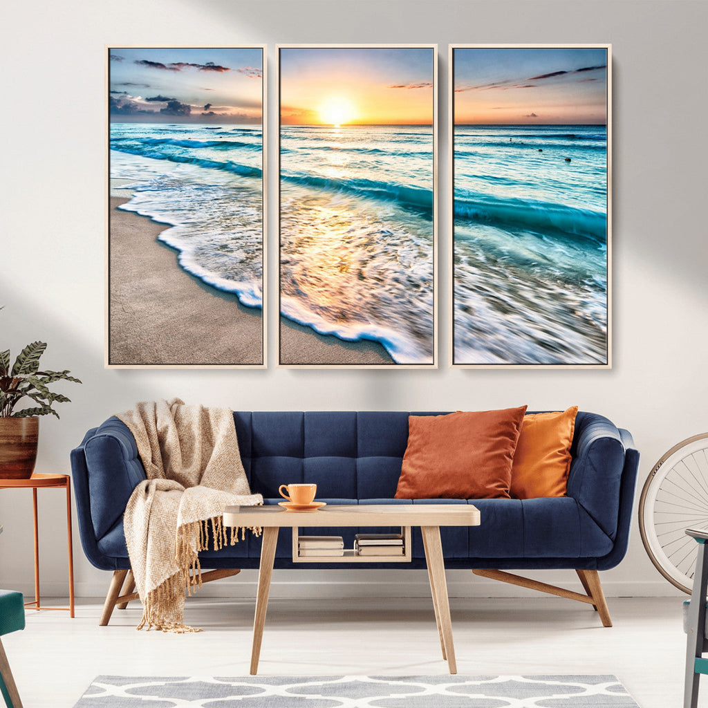 Sunset Beach Waves Canvas Wall Art | Ocean Sunset Coastal Print