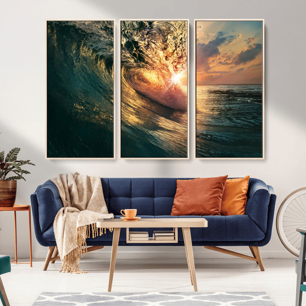 Ocean Wave Sunset Canvas Wall Art | Triptych Seascape Print