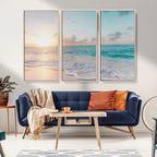 Tranquil Ocean Beach Sunset Canvas Wall Art | 3-Panel Coastal Decor