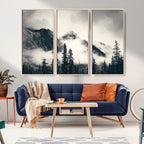 Forest Mountain Print | Black and White Canvas Wall Art with Misty Forest Design