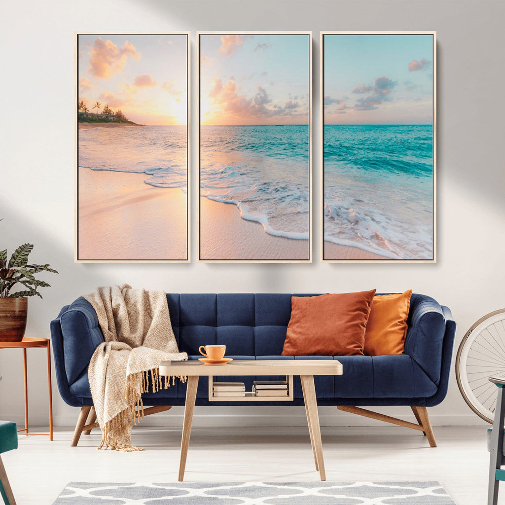 Beach Sunrise Wall Art, Coastal Seascape Canvas Print, Ocean Wave Wall Decor