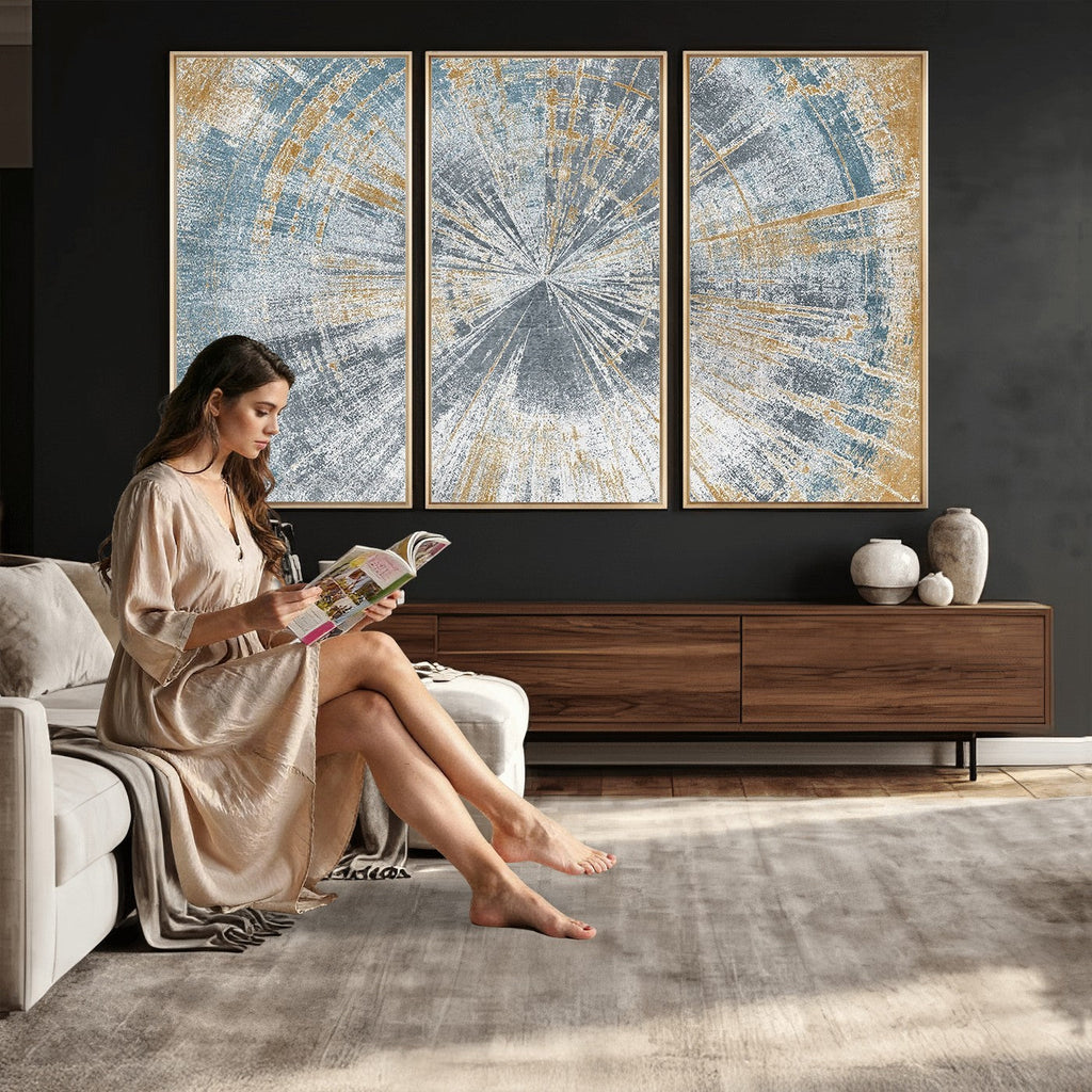 Radiant Abstract Wood Rings Canvas Art, Modern Triptych Wall Decor for Living Room or Office