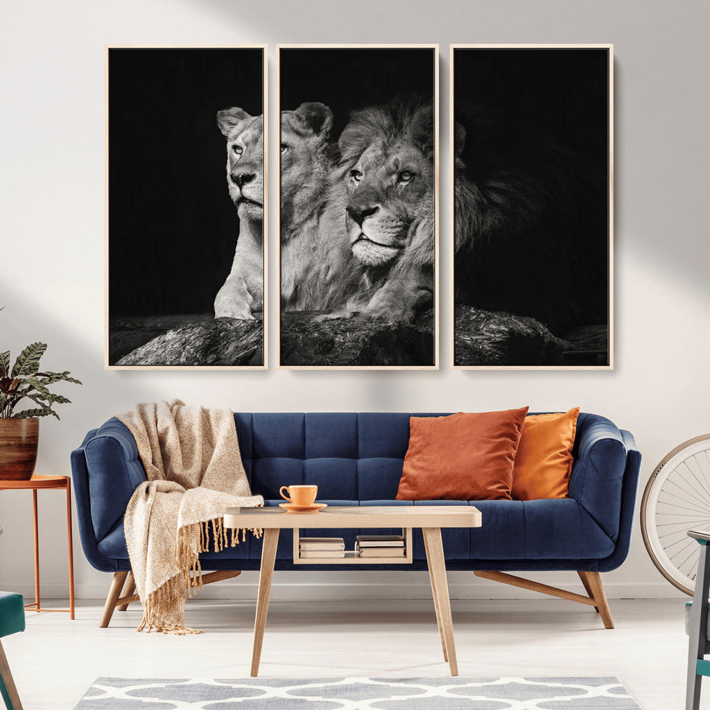 Lion Couple Wall Art Canvas Print, Elegant Black and White Wildlife Portrait
