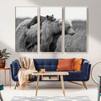 Bear and Cub Wall Art Canvas | Grizzly 399 Bear and Cub Black and White Wildlife Print