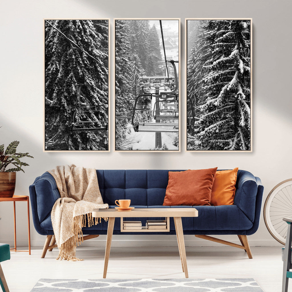 Winter Ski Lift Black and White Canvas Wall Art | Alpine Escape in Minimalist Style