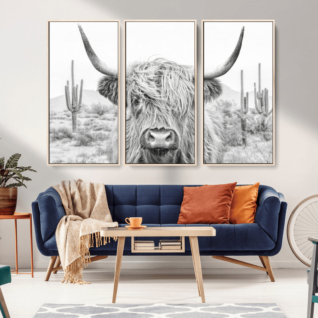 Rustic Charm, Cow Longhorn Black White Bighorn Wall Art