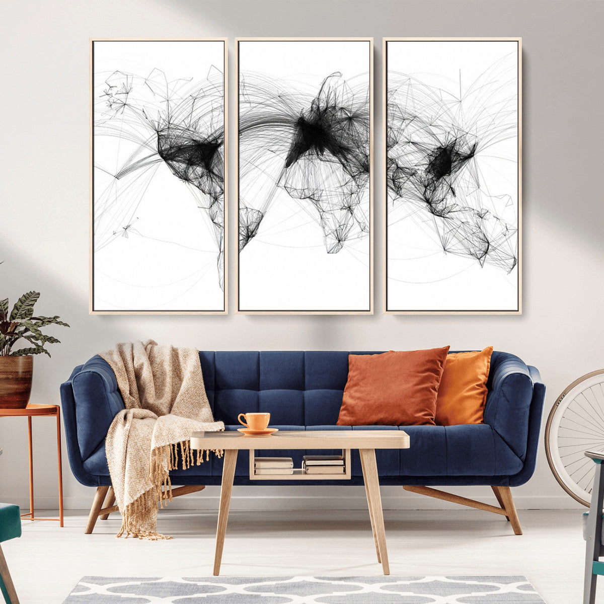 Abstract World Map Wall Art | Framed Geometric Line Canvas