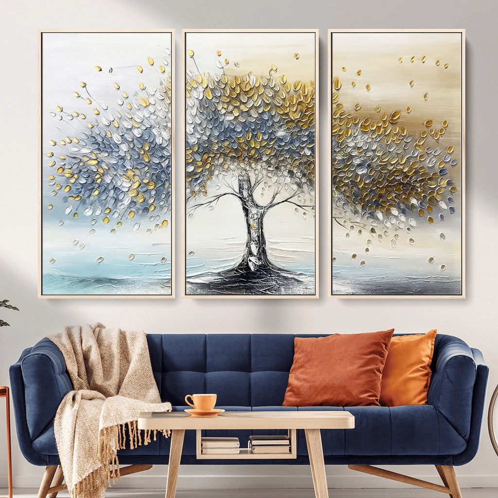 Golden and Silver Tree Wall Art | Framed Elegant Leaves Canvas