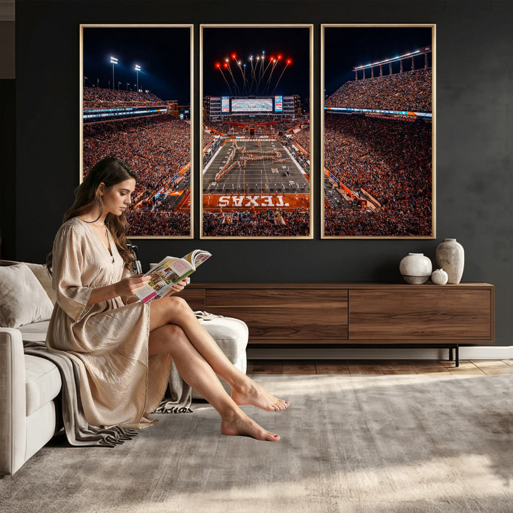 Texas Stadium Night Game Wall Art Canvas Print, Vibrant Football Fireworks Scene