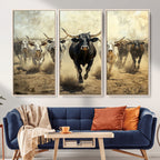 Texas Longhorn Wall Art | Framed Charging Cattle Canvas