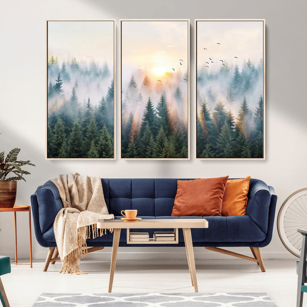 Misty Pine Forest Wall Art Canvas, Sunrise Over Foggy Trees