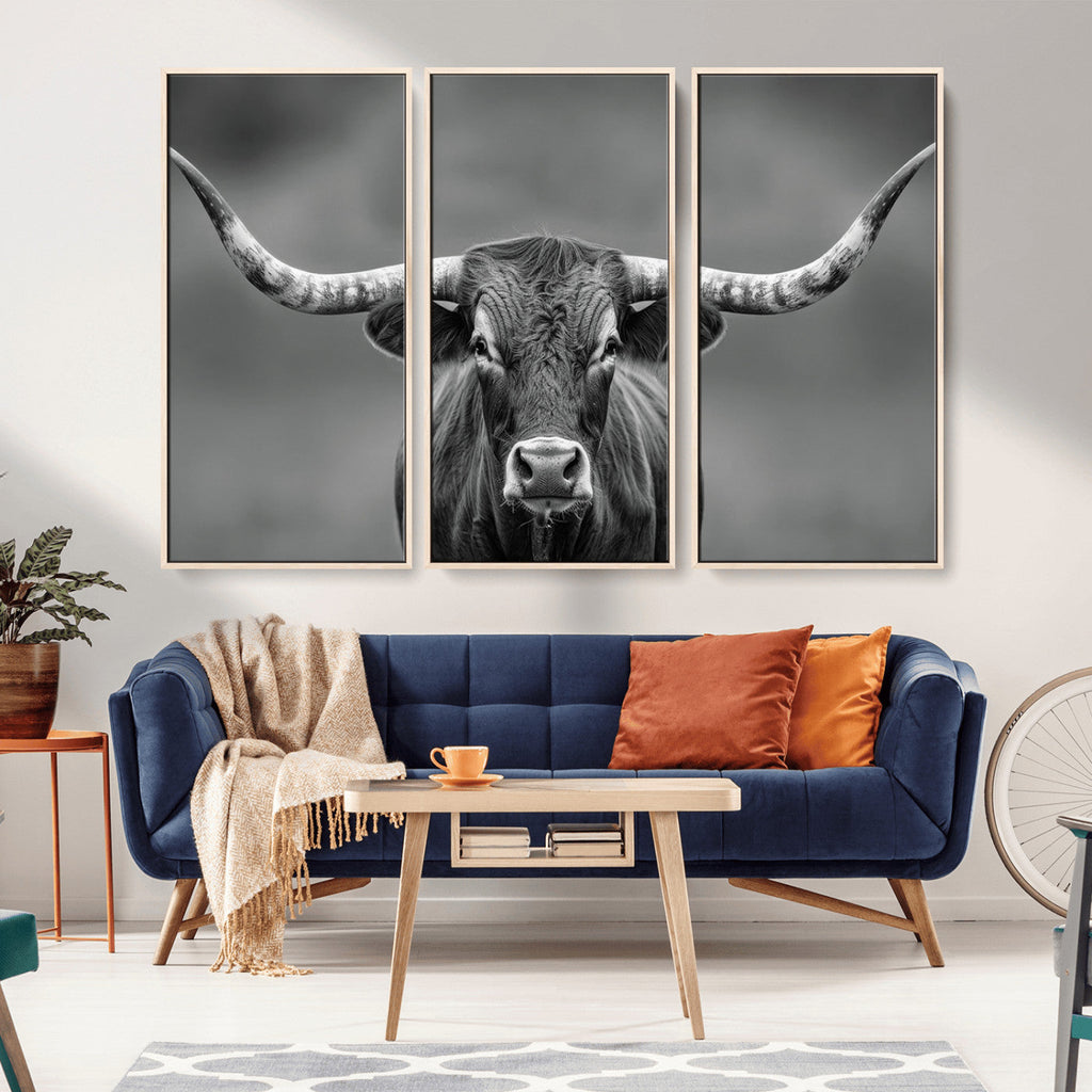 Texas Longhorn Wall Art Canvas Print, Framed Western Bull Photography, Rustic Log Cabin Decor