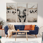 Texas Longhorn Wall Art Canvas Print | Framed Speckled Brown and White Bull