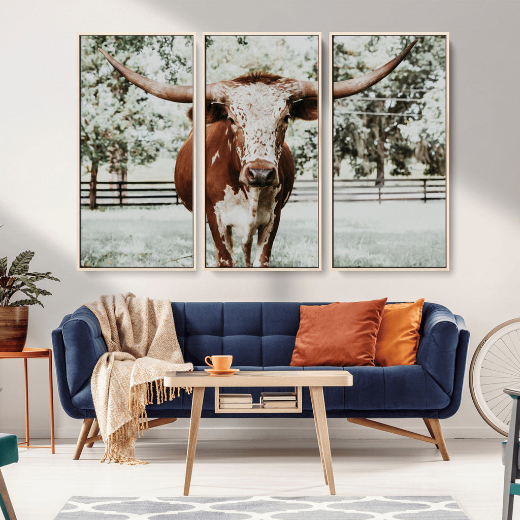 Texas Longhorn Wall Art Canvas Print | Framed Spotted Brown and White Bull