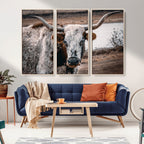 Texas Longhorn Wall Art Canvas Print | Framed Brown and White Spotted Longhorn