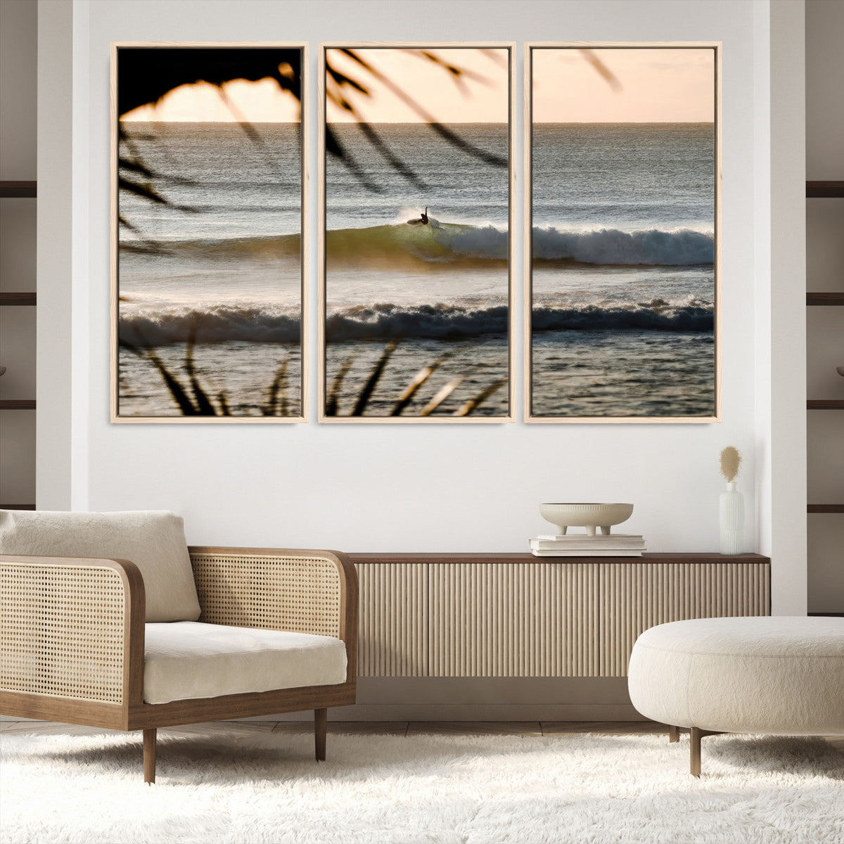 Sunset Surf Wall Art Canvas Print, Framed Golden Hour Waves Boho Beach Art