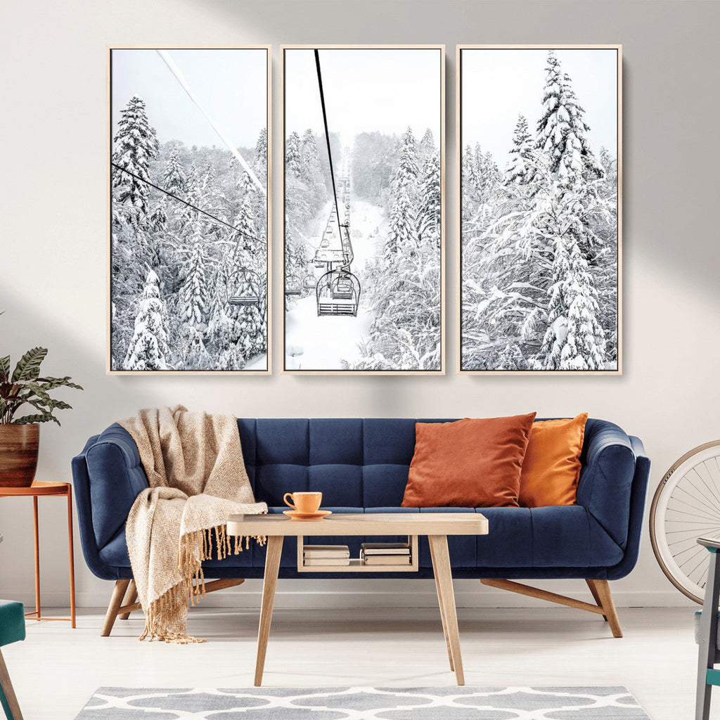 Snowy Ski Lift Wall Art | Framed Winter Mountain Canvas