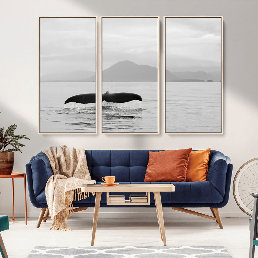Whale Tail Wall Art | Framed Black White Ocean Canvas