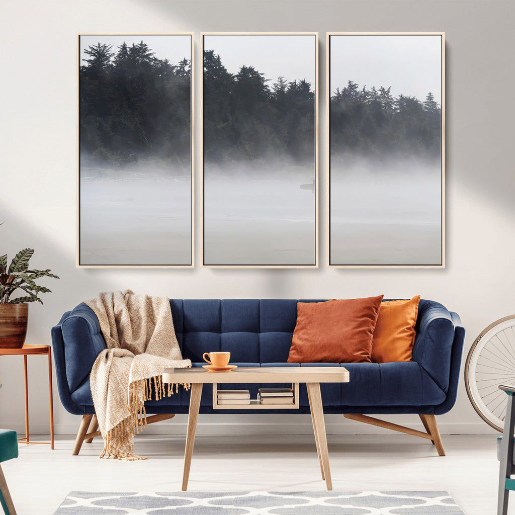 Surfer Fog Wall Art Canvas Print, Framed Foggy Beach and Coastal Surf Scene