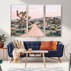 Joshua Tree Wall Art Canvas Print, Framed Desert Road Scene at Sunset
