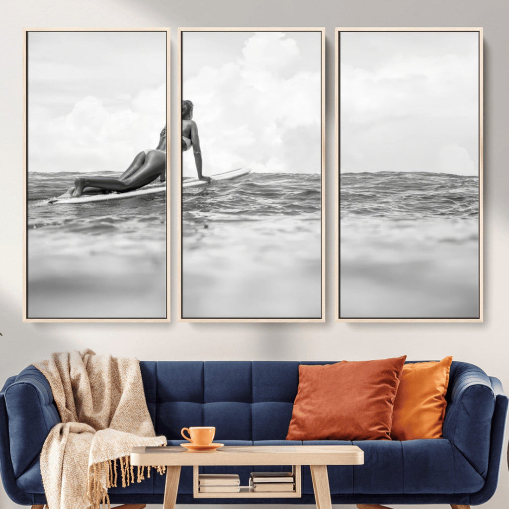 Black and White Surfing Wall Art Canvas Print, Framed Ocean Horizon Surfer Girl