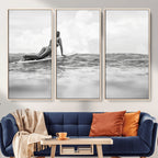 Black and White Surfing Wall Art Canvas Print, Framed Ocean Horizon Surfer Girl