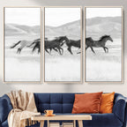 Wild Horses Running Wall Art Canvas Print, Framed Black White Mustangs Artwork