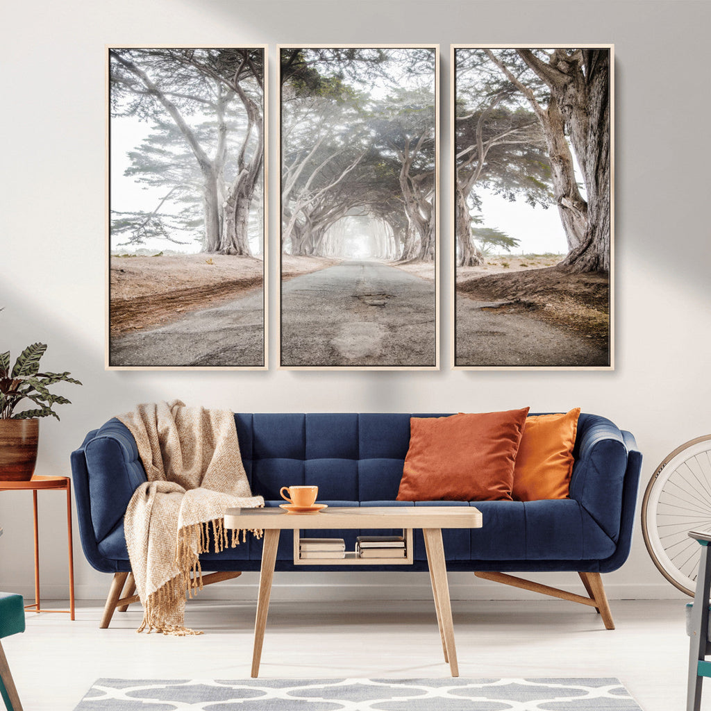 Cypress Tunnel Wall Art | Framed Misty Road Canvas Artwork
