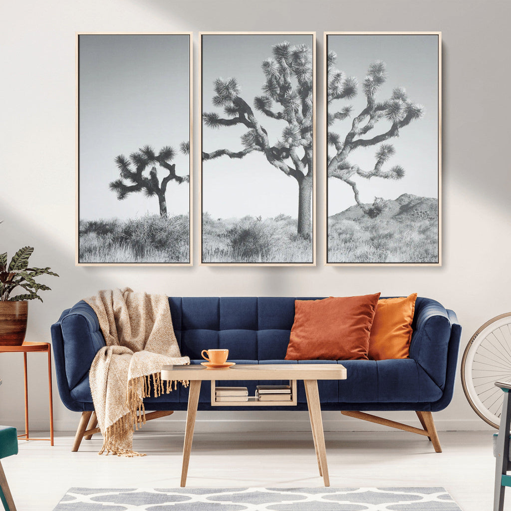 Joshua Tree Wall Art Canvas Print, Framed Black and White Desert Landscape Artwork