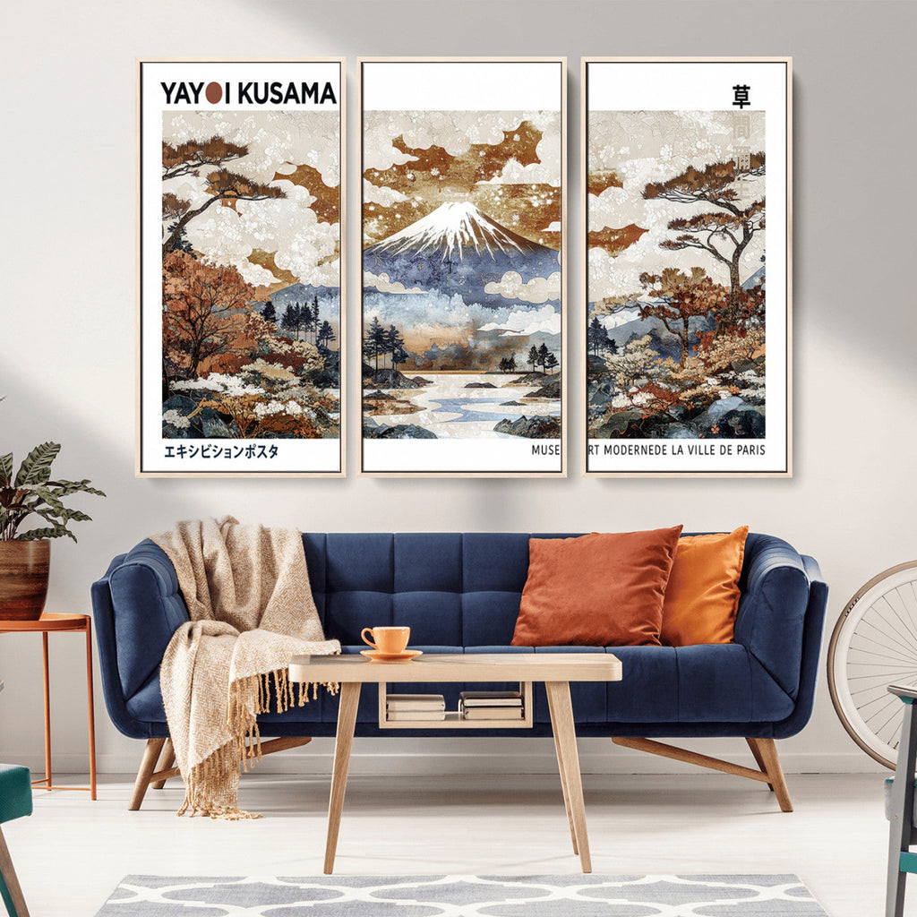 Modern Japanese Wall Art Canvas Print, Framed Abstract Mount Fuji Landscape, Yayoi Kusama Canvas Wall Art