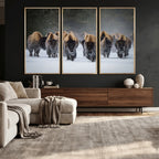 Bison Herd Wall Art Canvas Print, Framed Rustic Wildlife Decor, Snowy Bison Landscape