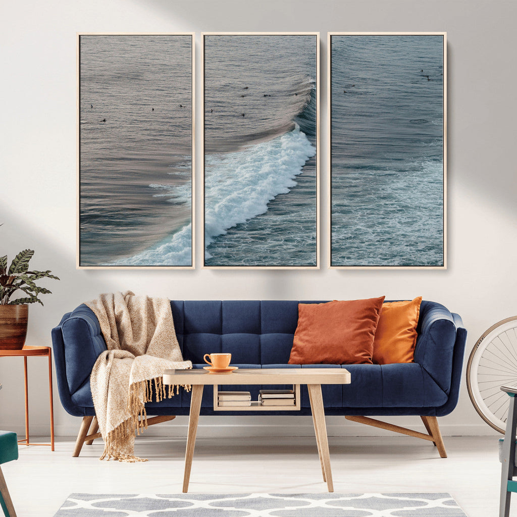 Ocean Waves Wall Art Canvas Print, Framed Coastal Serenity Surf Scene