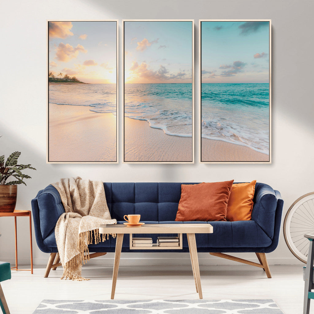 Beach Sunset Wall Art Canvas Print, Framed Ocean Waves Summer Escape