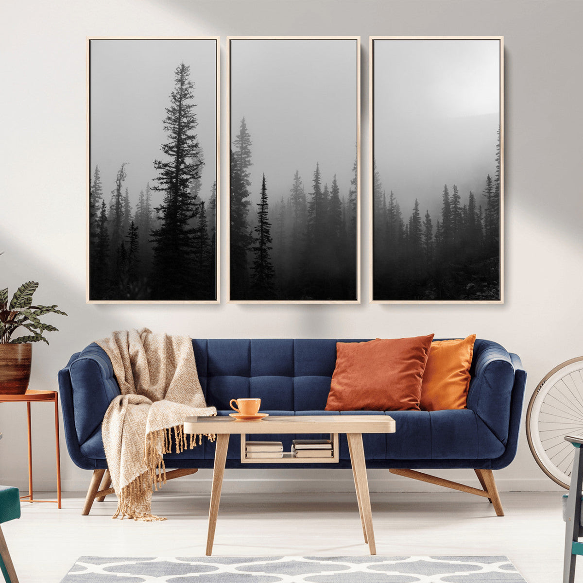 Misty Pines Wall Art Canvas Print, Framed Woodland Minimalist Black and White