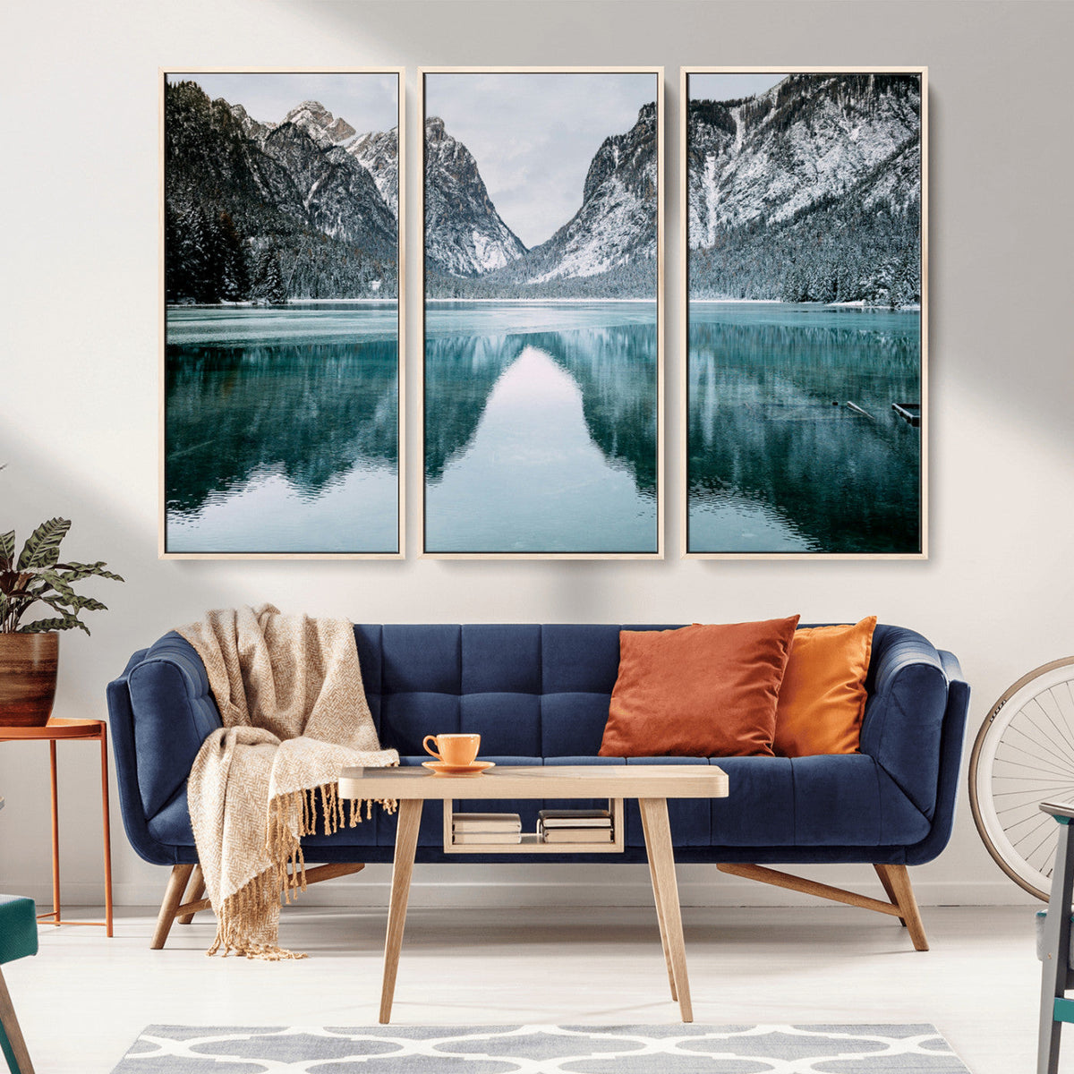 Mountain Lake Wall Art Canvas Print, Framed Toblacher See Winter Wonderland
